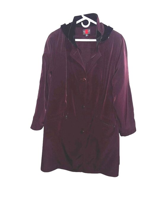 Gallery Woman Jackets & Blazers - Gallery Woman Hooded Burgundy Coat 2X With Zipper & Button Closure Polyester Nyl